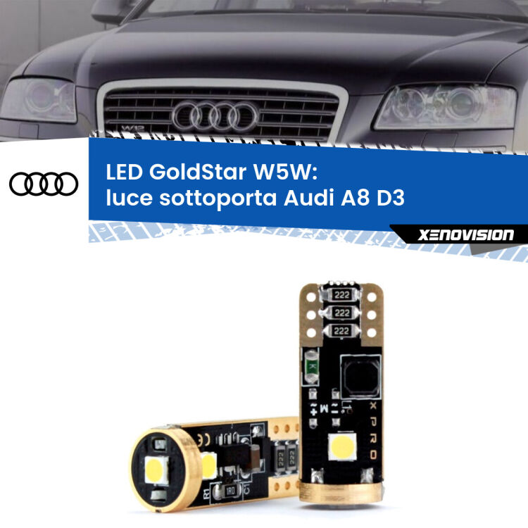 0 Luce Sottoporta LED Audi A8 D3 2002 - 2009: T10 GoldStar <strong>Luce Sottoporta LED Audi A8</strong> D3 2002 - 2009: ottima luminosità a 360 gradi. Si inseriscono ovunque. Canbus, Top Quality.