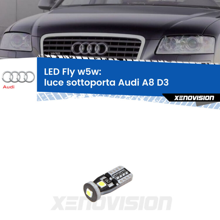 <strong>luce sottoporta LED per Audi A8</strong> D3 2002 - 2009. Coppia lampadine <strong>w5w</strong> Canbus compatte modello Fly Xenovision.