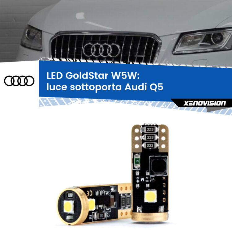 0 Luce Sottoporta LED Audi Q5 2008 - 2017: T10 GoldStar <strong>Luce Sottoporta LED Audi Q5</strong> 2008 - 2017: ottima luminosità a 360 gradi. Si inseriscono ovunque. Canbus, Top Quality.