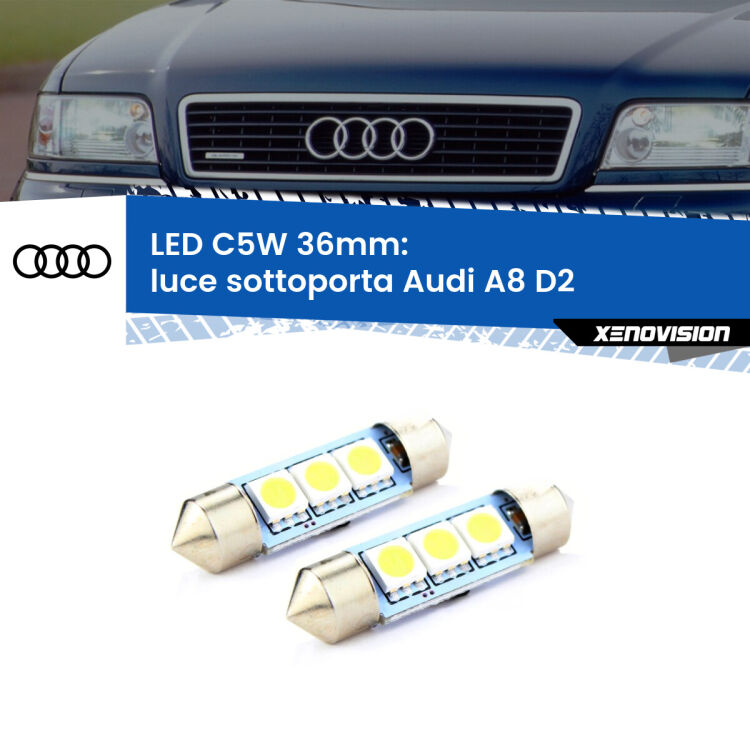0 Luce Sottoporta LED c5w 36mm Audi A8 D2 1994 - 2002 (Coppia) <strong>Luce Sottoporta LED per Audi A8</strong> D2 1994 - 2002. Coppia lampade <strong>C5W</strong> 36mm estremamente longeve.