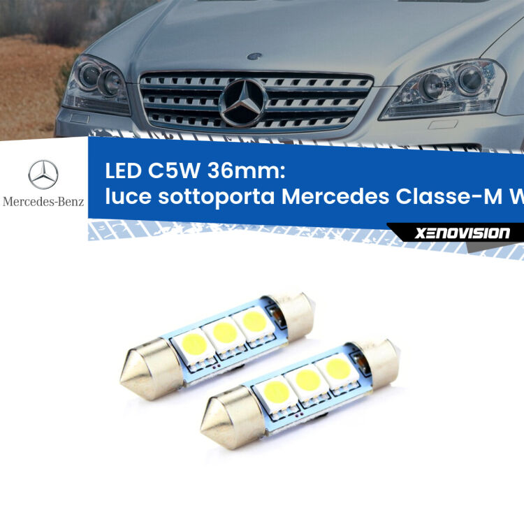 0 Luce Sottoporta LED c5w 36mm Mercedes Classe-M W164 2005 - 2011 (Coppia) <strong>Luce Sottoporta LED per Mercedes Classe-M</strong> W164 2005 - 2011. Coppia lampade <strong>C5W</strong> 36mm estremamente longeve.