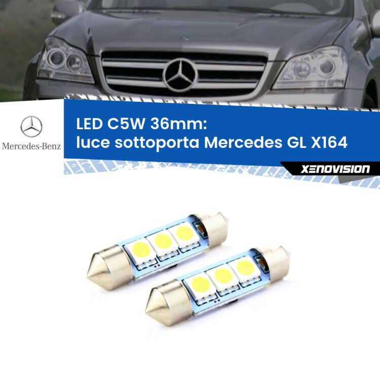 0 Luce Sottoporta LED c5w 36mm Mercedes GL X164 2006 - 2012 (Coppia) <strong>Luce Sottoporta LED per Mercedes GL</strong> X164 2006 - 2012. Coppia lampade <strong>C5W</strong> 36mm estremamente longeve.