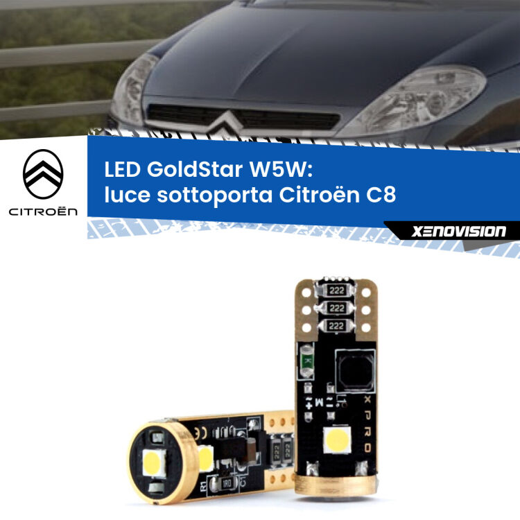 0 Luce Sottoporta LED Citroën C8 2002 - 2010: T10 GoldStar <strong>Luce Sottoporta LED Citroën C8</strong> 2002 - 2010: ottima luminosità a 360 gradi. Si inseriscono ovunque. Canbus, Top Quality.