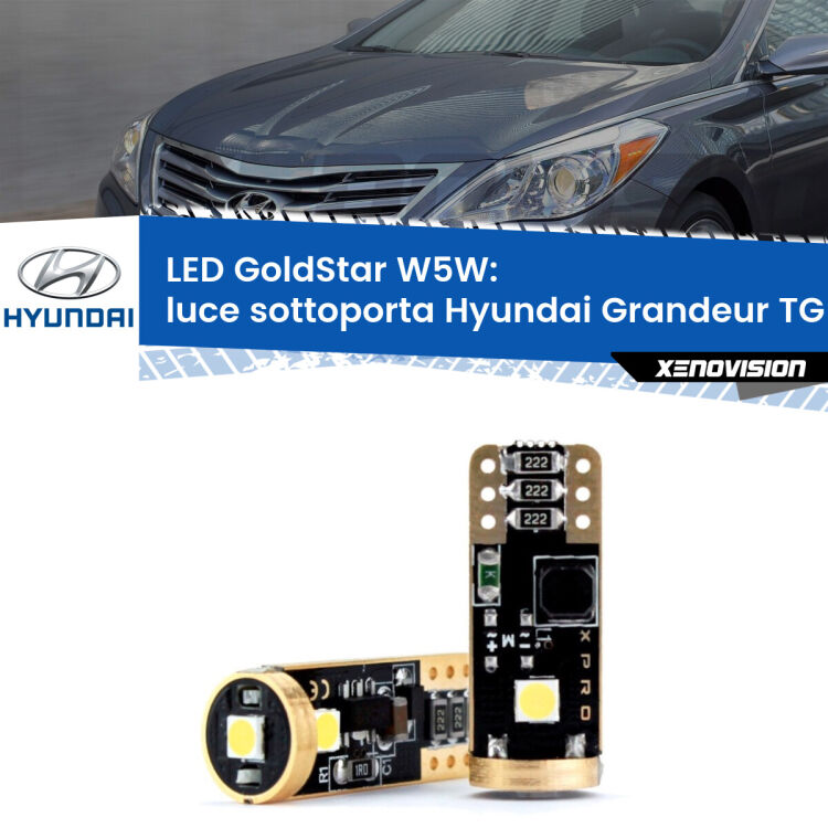 0 Luce Sottoporta LED Hyundai Grandeur TG 2005 - 2011: T10 GoldStar <strong>Luce Sottoporta LED Hyundai Grandeur</strong> TG 2005 - 2011: ottima luminosità a 360 gradi. Si inseriscono ovunque. Canbus, Top Quality.