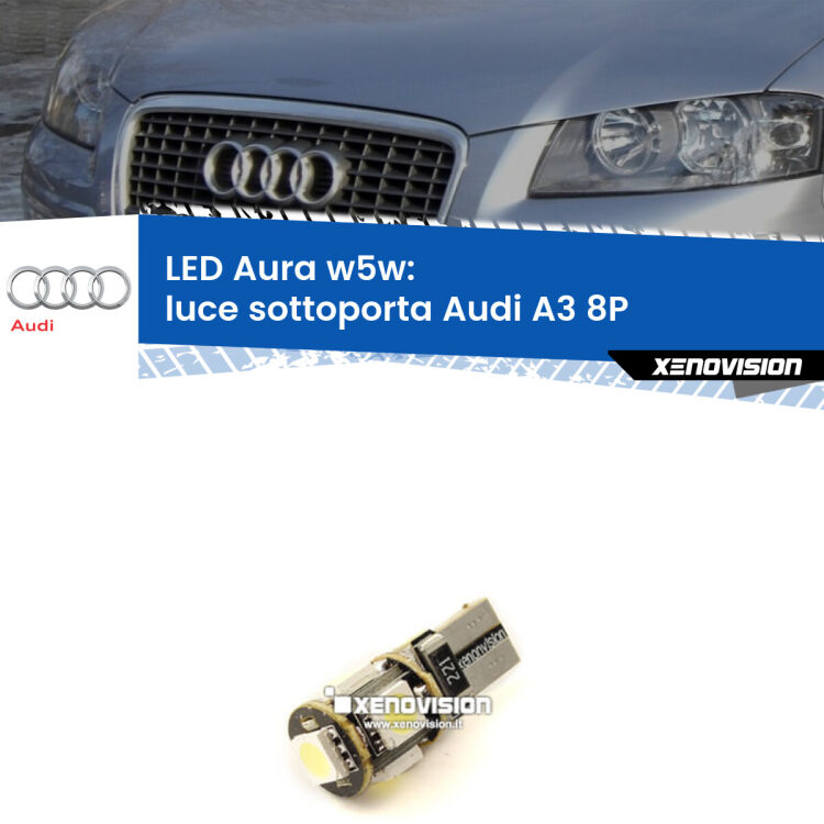 <strong>LED luce sottoporta w5w per Audi A3</strong> 8P 2003 - 2012. Una lampadina <strong>w5w</strong> canbus luce bianca 6000k modello Aura Xenovision.