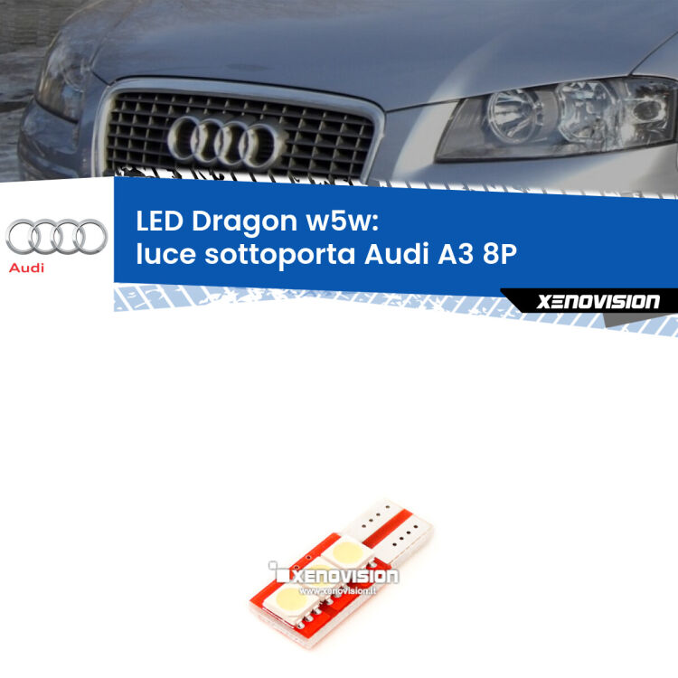 <strong>LED luce sottoporta per Audi A3</strong> 8P 2003 - 2012. Lampade <strong>W5W</strong> a illuminazione laterale modello Dragon Xenovision.