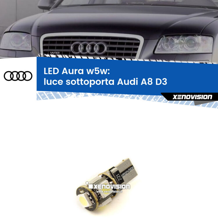 0 Luce Sottoporta LED per Audi A8 D3 2002 - 2009: Aura w5w <strong>LED luce sottoporta w5w per Audi A8</strong> D3 2002 - 2009. Una lampadina <strong>w5w</strong> canbus luce bianca 6000k modello Aura Xenovision.