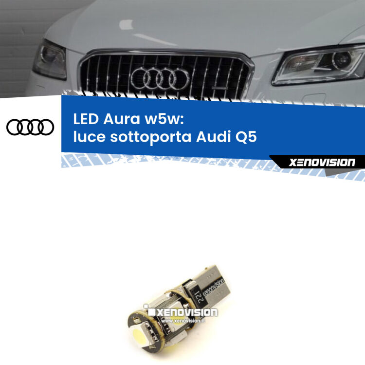 0 Luce Sottoporta LED per Audi Q5 2008 - 2017: Aura w5w <strong>LED luce sottoporta w5w per Audi Q5</strong> 2008 - 2017. Una lampadina <strong>w5w</strong> canbus luce bianca 6000k modello Aura Xenovision.