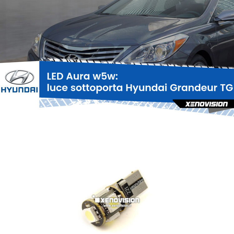 0 Luce Sottoporta LED per Hyundai Grandeur TG 2005 - 2011: Aura w5w <strong>LED luce sottoporta w5w per Hyundai Grandeur</strong> TG 2005 - 2011. Una lampadina <strong>w5w</strong> canbus luce bianca 6000k modello Aura Xenovision.