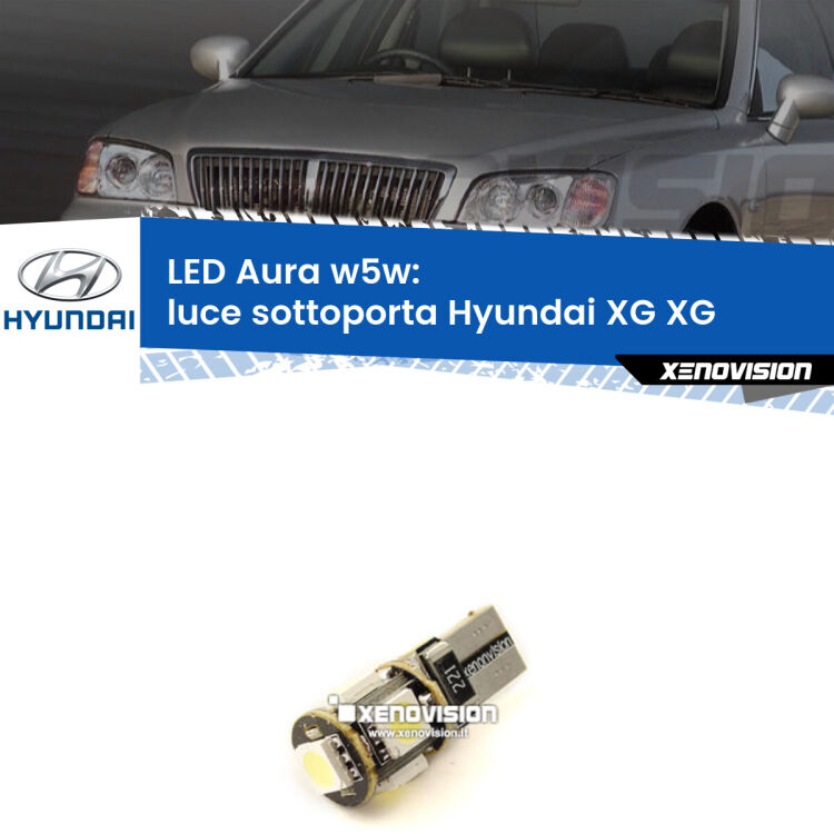 0 Luce Sottoporta LED per Hyundai XG XG 1998 - 2005: Aura w5w <strong>LED luce sottoporta w5w per Hyundai XG</strong> XG 1998 - 2005. Una lampadina <strong>w5w</strong> canbus luce bianca 6000k modello Aura Xenovision.