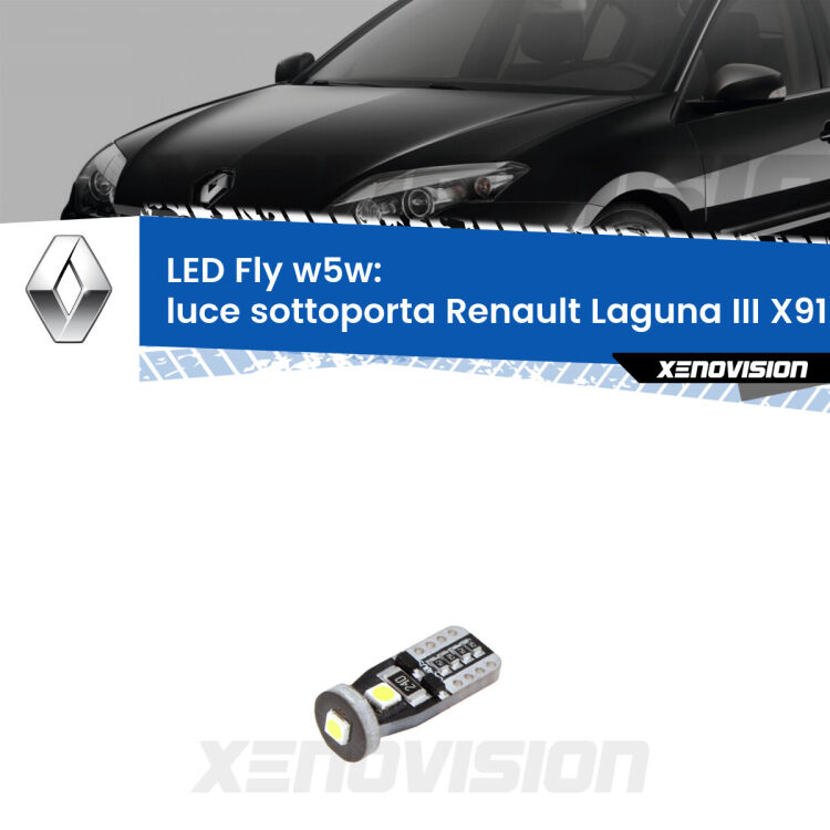 <strong>luce sottoporta LED per Renault Laguna III</strong> X91 2007 - 2015. Coppia lampadine <strong>w5w</strong> Canbus compatte modello Fly Xenovision.