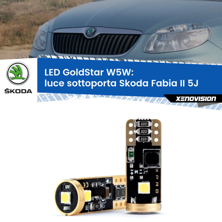 0 Luce Sottoporta LED Skoda Fabia II 5J 2006 - 2014: T10 GoldStar <strong>Luce Sottoporta LED Skoda Fabia II</strong> 5J 2006 - 2014: ottima luminosità a 360 gradi. Si inseriscono ovunque. Canbus, Top Quality.