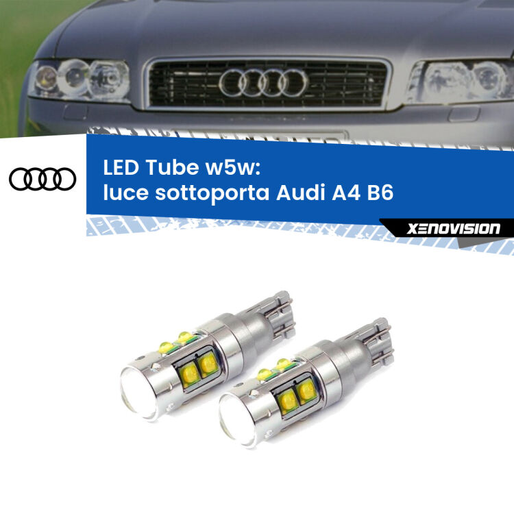 0 Luce Sottoporta LED W5W Audi A4 B6 2000 - 2004 W5W Tube <strong>Luce Sottoporta LED 6000k per Audi A4</strong> B6 2000 - 2004. Lampadine <strong>W5W</strong> canbus modello Tube, luce bianco lunare, lunga durata e compatibilità.