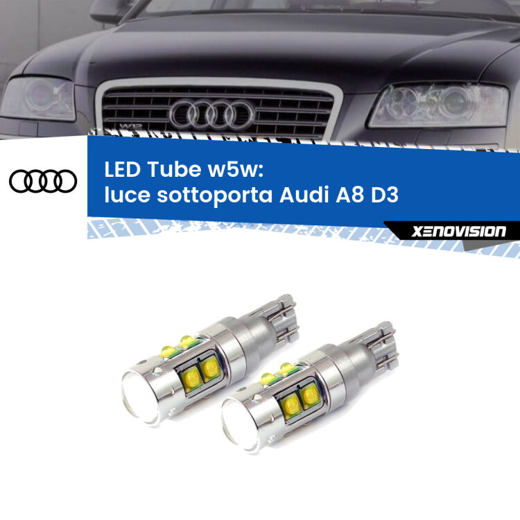0 Luce Sottoporta LED W5W Audi A8 D3 2002 - 2009 W5W Tube <strong>Luce Sottoporta LED 6000k per Audi A8</strong> D3 2002 - 2009. Lampadine <strong>W5W</strong> canbus modello Tube, luce bianco lunare, lunga durata e compatibilità.