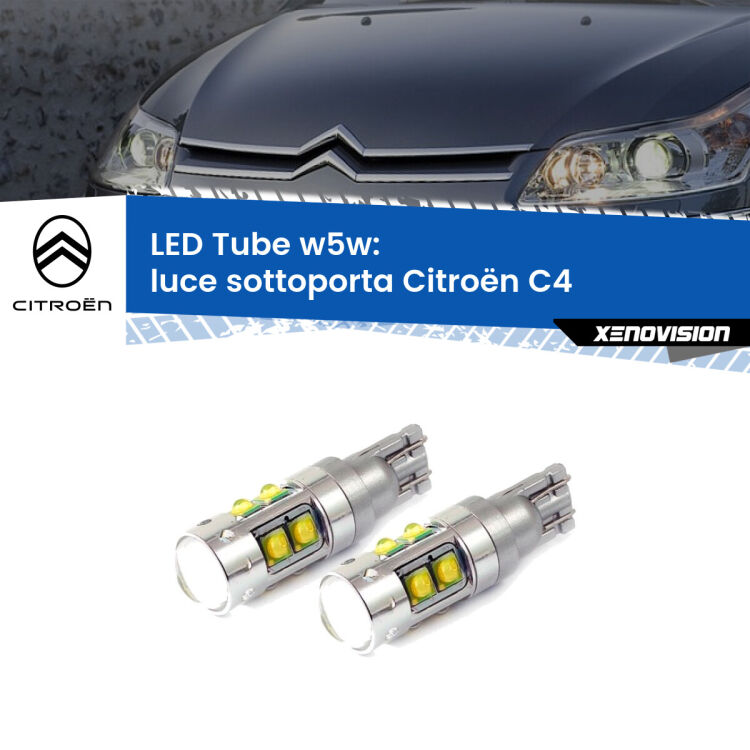 0 Luce Sottoporta LED W5W Citroën C4 2004 - 2011 W5W Tube <strong>Luce Sottoporta LED 6000k per Citroën C4</strong> 2004 - 2011. Lampadine <strong>W5W</strong> canbus modello Tube, luce bianco lunare, lunga durata e compatibilità.