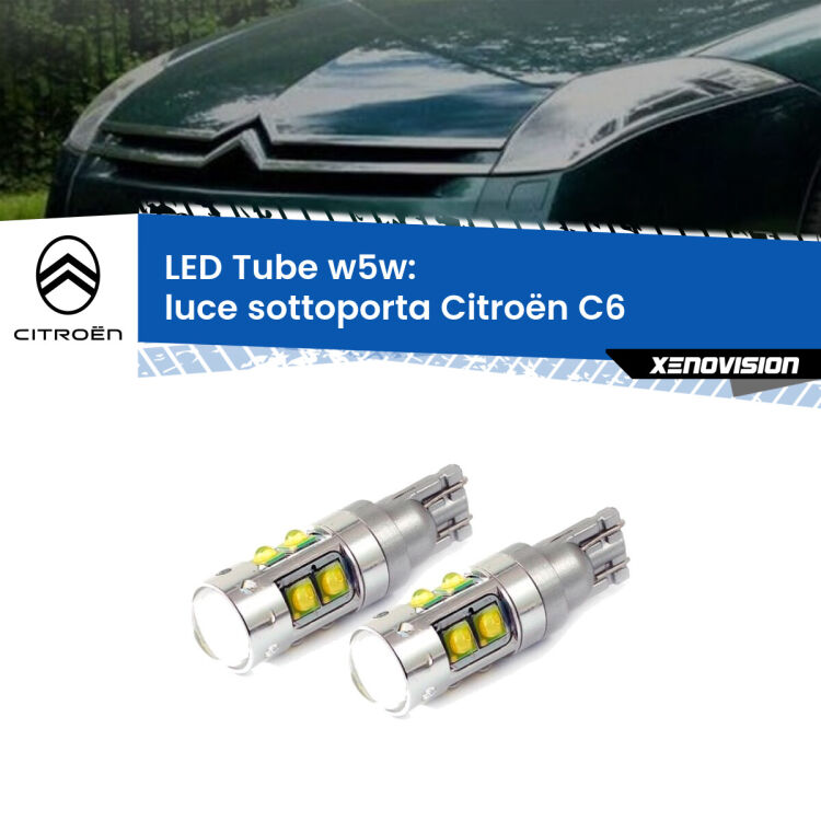0 Luce Sottoporta LED W5W Citroën C6 2005 - 2012 W5W Tube <strong>Luce Sottoporta LED 6000k per Citroën C6</strong> 2005 - 2012. Lampadine <strong>W5W</strong> canbus modello Tube, luce bianco lunare, lunga durata e compatibilità.