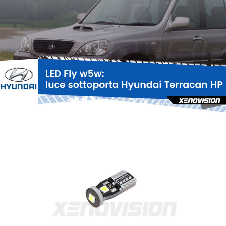 <strong>luce sottoporta LED per Hyundai Terracan</strong> HP 2001 - 2006. Coppia lampadine <strong>w5w</strong> Canbus compatte modello Fly Xenovision.