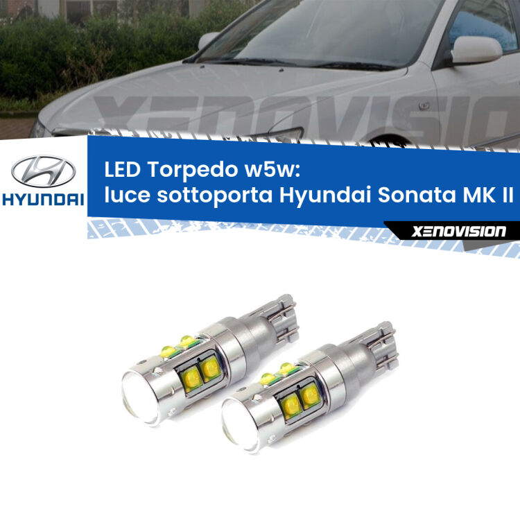0 Luce Sottoporta LED W5W Hyundai Sonata MK II Y-3 1993 - 1998 W5W Tube <strong>Luce Sottoporta LED 6000k per Hyundai Sonata MK II</strong> Y-3 1993 - 1998. Lampadine <strong>W5W</strong> canbus modello Tube, luce bianco lunare, lunga durata e compatibilità.