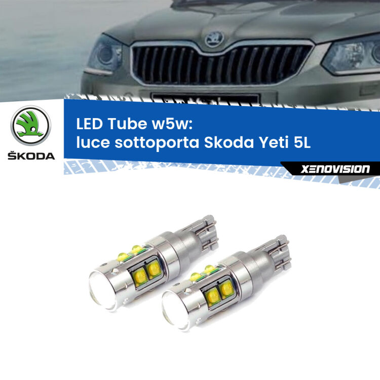 0 Luce Sottoporta LED W5W Skoda Yeti 5L 2009 - 2017 W5W Tube <strong>Luce Sottoporta LED 6000k per Skoda Yeti</strong> 5L 2009 - 2017. Lampadine <strong>W5W</strong> canbus modello Tube, luce bianco lunare, lunga durata e compatibilità.