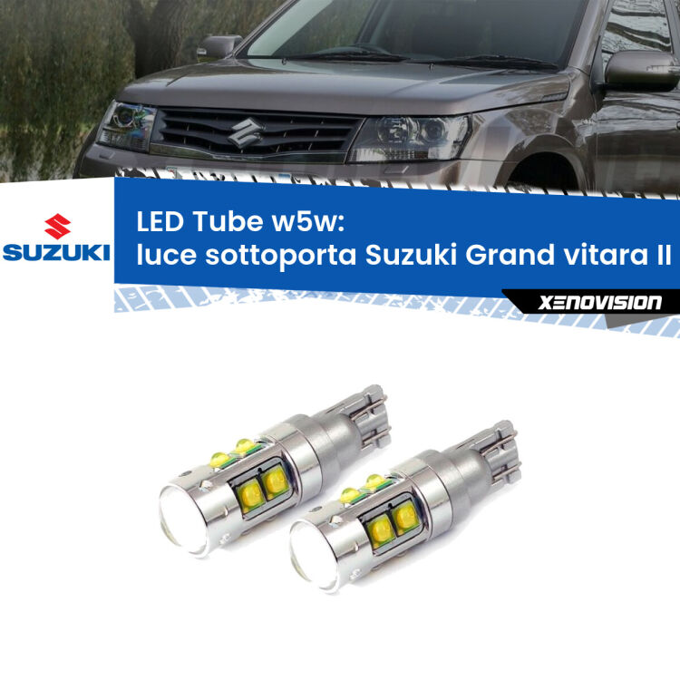 Luce Sottoporta LED W5W Suzuki Grand vitara II JT, TE, TD 2005 - 2015 W5W Tube <strong>Luce Sottoporta LED 6000k per Suzuki Grand vitara II</strong> JT, TE, TD 2005 - 2015. Lampadine <strong>W5W</strong> canbus modello Tube, luce bianco lunare, lunga durata e compatibilità.