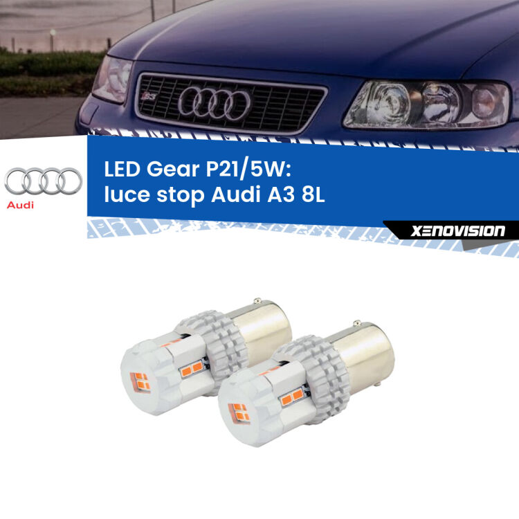 <strong>Luce Stop LED per Audi A3</strong> 8L 1996 - 2003. Due lampade <strong>P21/5W</strong> rosse non canbus modello Gear.