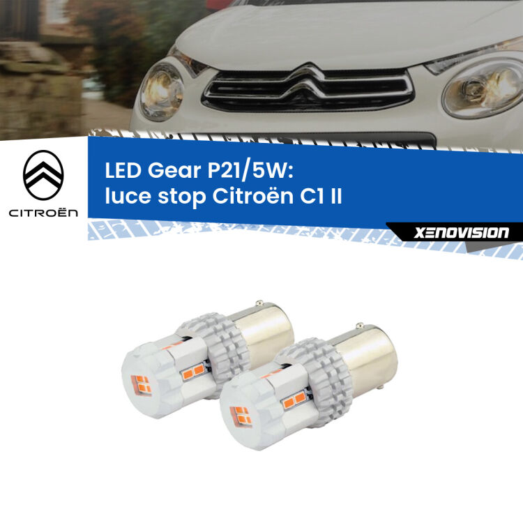 0 Luce Stop LED Citroën C1 II 2014 in poi: P21/5W Gear <strong>Luce Stop LED per Citroën C1</strong> II 2014 in poi. Due lampade <strong>P21/5W</strong> rosse non canbus modello Gear.
