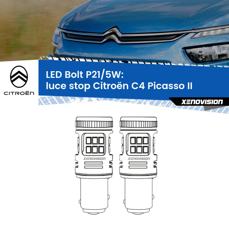 0 Luce Stop LED Citroën C4 Picasso II 2013 in poi: P21/5W Bolt <strong>Luce Stop LED per Citroën C4 Picasso</strong> II 2013 in poi. Coppia lampade <strong>P21/5W</strong> modello Bolt canbus.