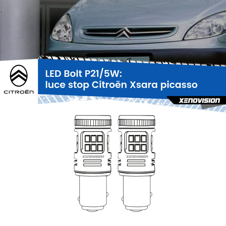 0 Luce Stop LED Citroën Xsara picasso 1999 - 2012: P21/5W Bolt <strong>Luce Stop LED per Citroën Xsara picasso</strong> 1999 - 2012. Coppia lampade <strong>P21/5W</strong> modello Bolt canbus.
