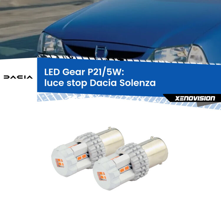 0 Luce Stop LED Dacia Solenza 2003 in poi: P21/5W Gear <strong>Luce Stop LED per Dacia Solenza</strong> 2003 in poi. Due lampade <strong>P21/5W</strong> rosse non canbus modello Gear.