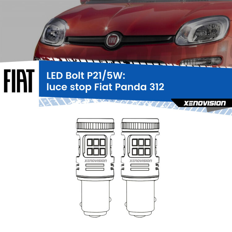 0 Luce Stop LED Fiat Panda 312 2012 in poi: P21/5W Bolt <strong>Luce Stop LED per Fiat Panda</strong> 312 2012 in poi. Coppia lampade <strong>P21/5W</strong> modello Bolt canbus.