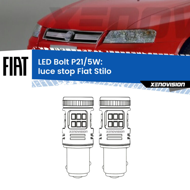 0 Luce Stop LED Fiat Stilo 2001 - 2006: P21/5W Bolt <strong>Luce Stop LED per Fiat Stilo</strong> 2001 - 2006. Coppia lampade <strong>P21/5W</strong> modello Bolt canbus.