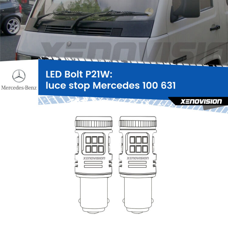 0 Luce Stop LED Mercedes 100 631 1988 - 1996: P21W Bolt <strong>Luce Stop LED per Mercedes 100</strong> 631 1988 - 1996. Coppia lampade <strong>P21W</strong> modello Bolt canbus.