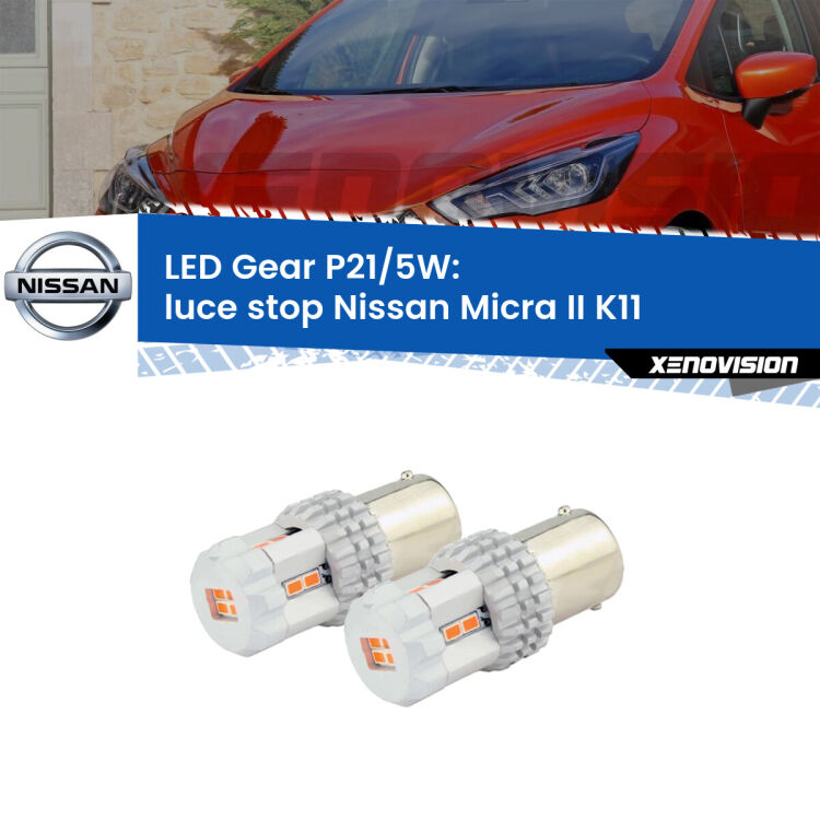 <strong>Luce Stop LED per Nissan Micra II</strong> K11 1992 - 2003. Due lampade <strong>P21/5W</strong> rosse non canbus modello Gear.