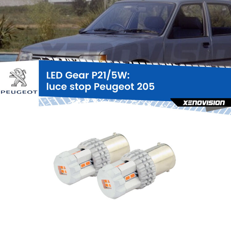 <strong>Luce Stop LED per Peugeot 205</strong>  1983 - 1990. Due lampade <strong>P21/5W</strong> rosse non canbus modello Gear.