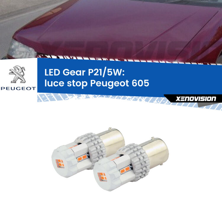 0 Luce Stop LED Peugeot 605 1994 - 1999: P21/5W Gear <strong>Luce Stop LED per Peugeot 605</strong> 1994 - 1999. Due lampade <strong>P21/5W</strong> rosse non canbus modello Gear.