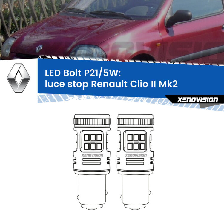 0 Luce Stop LED Renault Clio II Mk2 1998 - 2004: P21/5W Bolt <strong>Luce Stop LED per Renault Clio II</strong> Mk2 1998 - 2004. Coppia lampade <strong>P21/5W</strong> modello Bolt canbus.