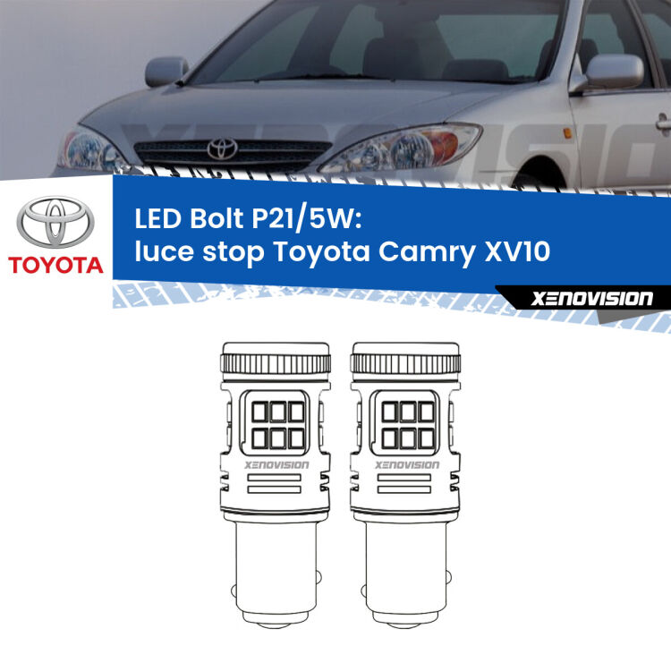 0 Luce Stop LED Toyota Camry XV10 1991 - 1996: P21/5W Bolt <strong>Luce Stop LED per Toyota Camry</strong> XV10 1991 - 1996. Coppia lampade <strong>P21/5W</strong> modello Bolt canbus.