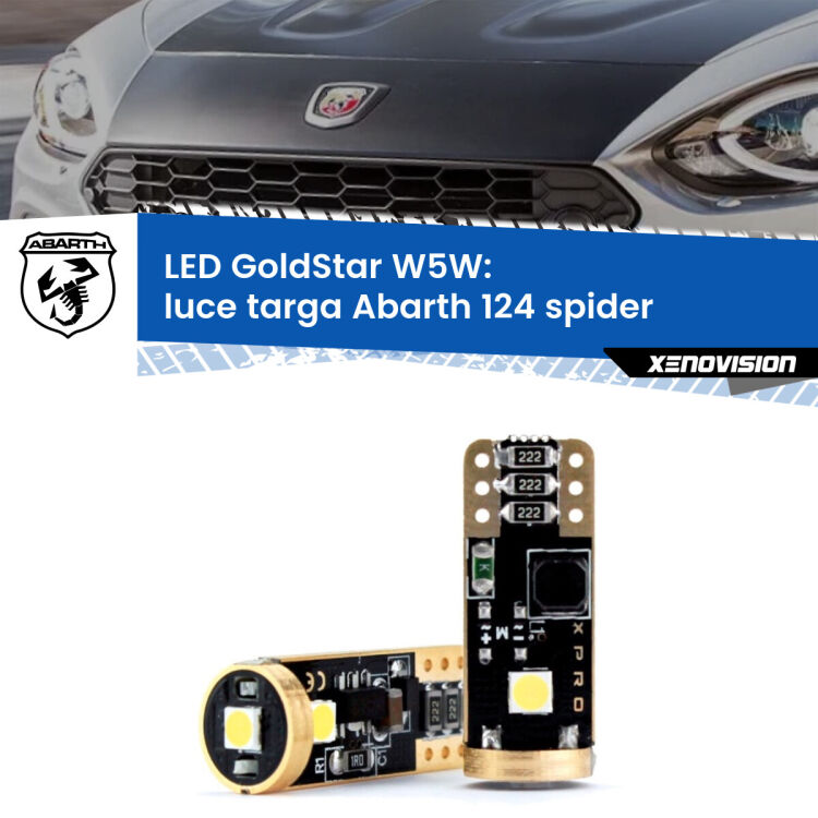 0 Luce Targa LED Abarth 124 spider 2016 - 2019: T10 GoldStar <strong>Luce Targa LED Abarth 124 spider</strong> 2016 - 2019: ottima luminosità a 360 gradi. Si inseriscono ovunque. Canbus, Top Quality.