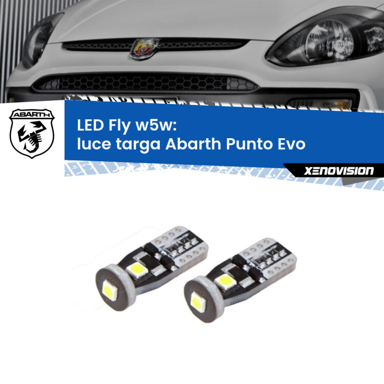 0 Luce Targa LED Abarth Punto Evo  2010 - 2014: W5W Fly <strong>luce targa LED per Abarth Punto Evo</strong>  2010 - 2014. Coppia lampadine <strong>w5w</strong> Canbus compatte modello Fly Xenovision.