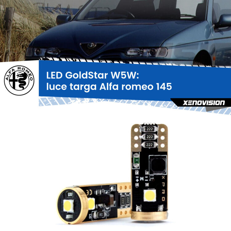 0 Luce Targa LED Alfa romeo 145  1994 - 2001: T10 GoldStar <strong>Luce Targa LED Alfa romeo 145</strong>  1994 - 2001: ottima luminosità a 360 gradi. Si inseriscono ovunque. Canbus, Top Quality.