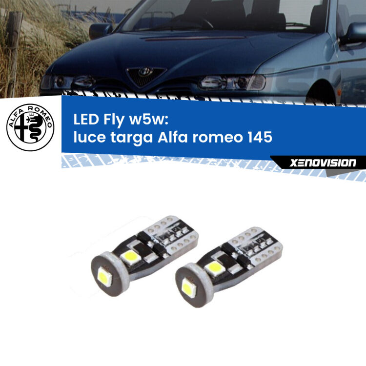 0 Luce Targa LED Alfa romeo 145 1994 - 2001: W5W Fly <strong>luce targa LED per Alfa romeo 145</strong> 1994 - 2001. Coppia lampadine <strong>w5w</strong> Canbus compatte modello Fly Xenovision.