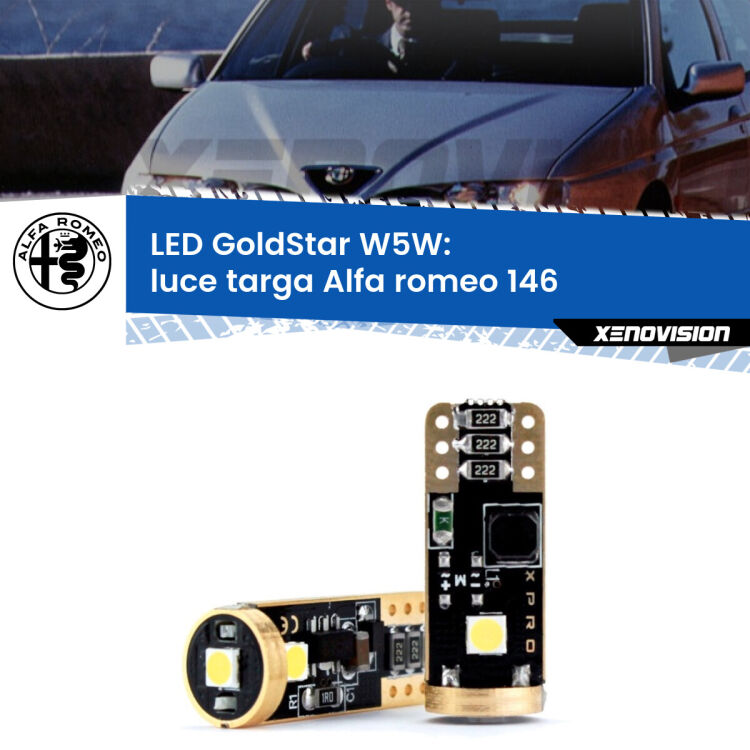 0 Luce Targa LED Alfa romeo 146 1994 - 2001: T10 GoldStar <strong>Luce Targa LED Alfa romeo 146</strong> 1994 - 2001: ottima luminosità a 360 gradi. Si inseriscono ovunque. Canbus, Top Quality.