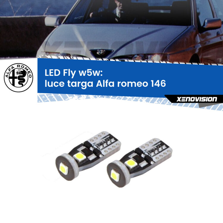 0 Luce Targa LED Alfa romeo 146 1994 - 2001: W5W Fly <strong>luce targa LED per Alfa romeo 146</strong> 1994 - 2001. Coppia lampadine <strong>w5w</strong> Canbus compatte modello Fly Xenovision.