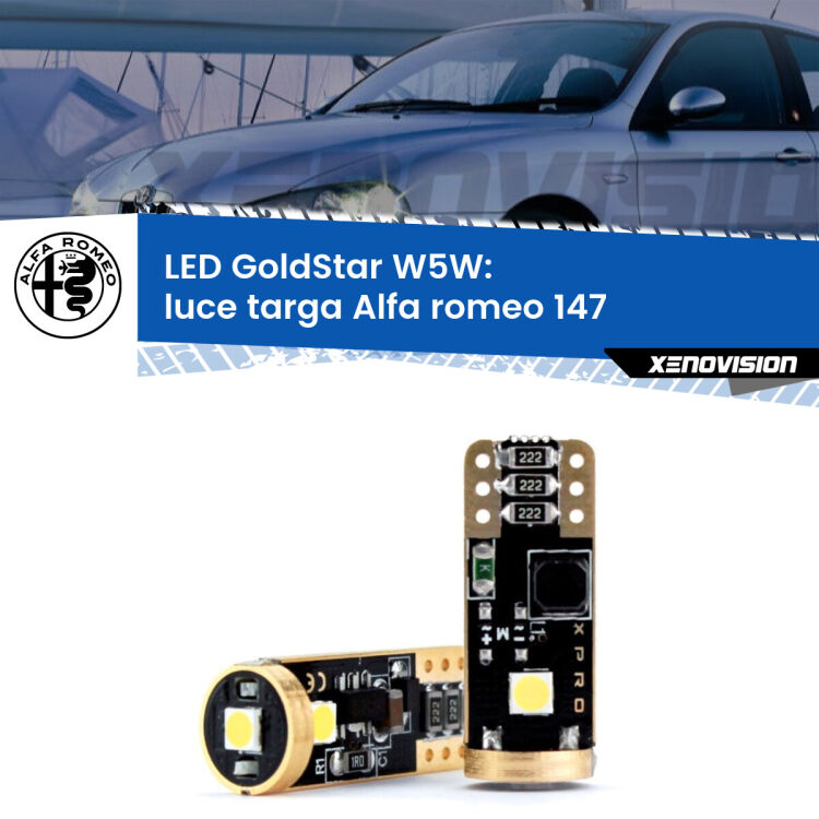 0 Luce Targa LED Alfa romeo 147 2000 - 2010: T10 GoldStar <strong>Luce Targa LED Alfa romeo 147</strong> 2000 - 2010: ottima luminosità a 360 gradi. Si inseriscono ovunque. Canbus, Top Quality.