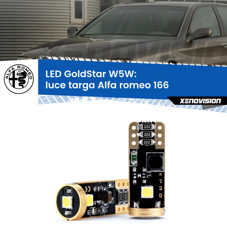 0 Luce Targa LED Alfa romeo 166  1998 - 2007: T10 GoldStar <strong>Luce Targa LED Alfa romeo 166</strong>  1998 - 2007: ottima luminosità a 360 gradi. Si inseriscono ovunque. Canbus, Top Quality.