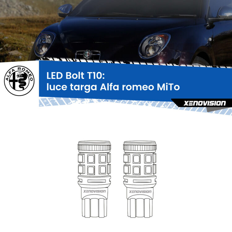 0 Luce Targa LED Alfa romeo MiTo 2008 - 2018: T10 Bolt <strong>Luce Targa LED per Alfa romeo MiTo</strong> 2008 - 2018. Coppia lampade <strong>T10</strong> modello Bolt canbus.