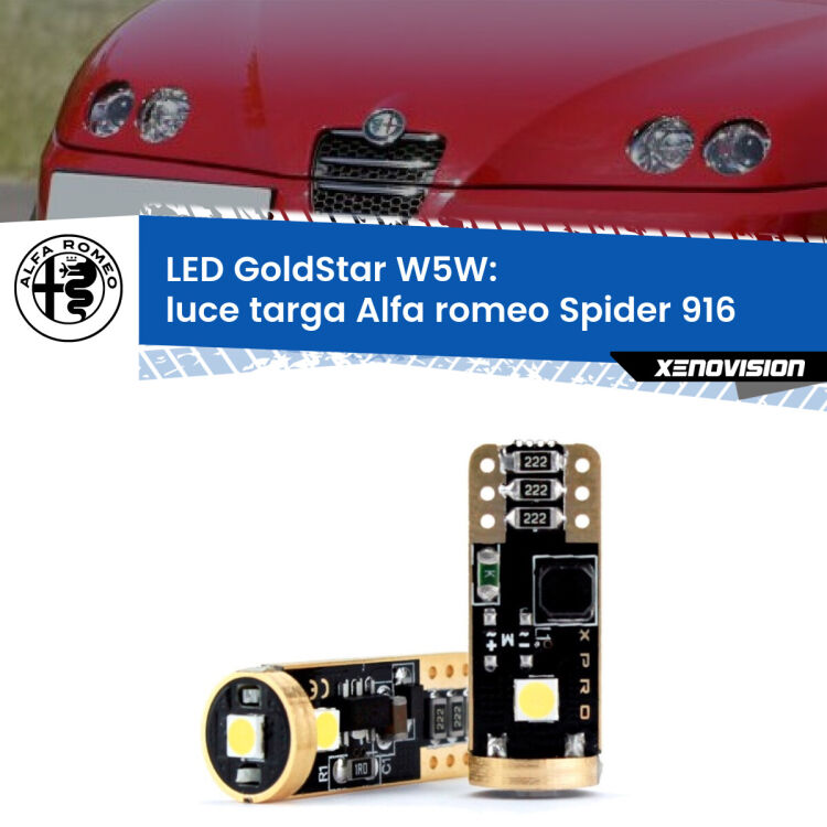 0 Luce Targa LED Alfa romeo Spider 916 1995 - 2005: T10 GoldStar <strong>Luce Targa LED Alfa romeo Spider</strong> 916 1995 - 2005: ottima luminosità a 360 gradi. Si inseriscono ovunque. Canbus, Top Quality.