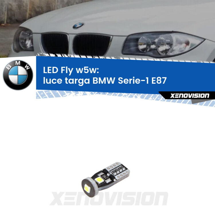 <strong>luce targa LED per BMW Serie-1</strong> E87 2003 - 2012. Coppia lampadine <strong>w5w</strong> Canbus compatte modello Fly Xenovision.