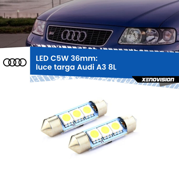 0 Luce Targa LED c5w 36mm Audi A3 8L 1996 - 2003 (Coppia) <strong>Luce Targa LED per Audi A3</strong> 8L 1996 - 2003. Coppia lampade <strong>C5W</strong> 36mm estremamente longeve.