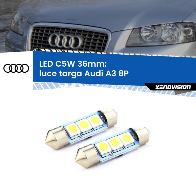0 Luce Targa LED c5w 36mm Audi A3 8P 2003 - 2012 (Coppia) <strong>Luce Targa LED per Audi A3</strong> 8P 2003 - 2012. Coppia lampade <strong>C5W</strong> 36mm estremamente longeve.